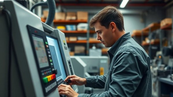 Technician using CNC mill control screen in industrial workshop.