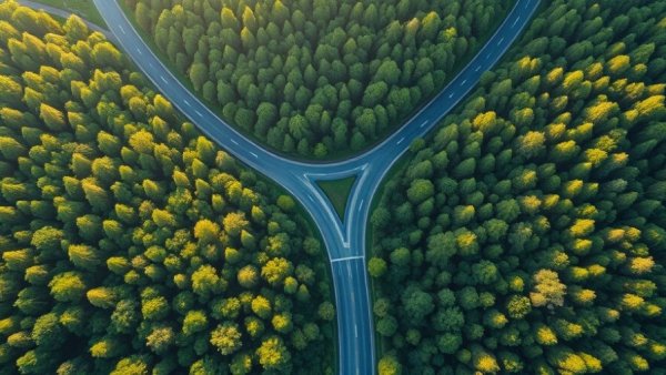 Aerial view of intersection in forest, highlighting circular economy in 2026.