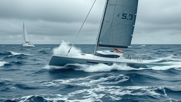 Trimaran in stormy seas sailed by all-female crew.