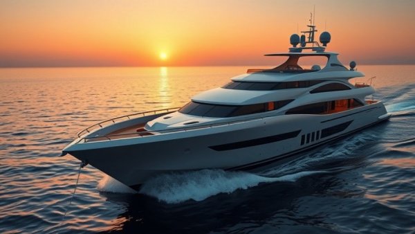 Luxury yacht cruising at sunset near mountains, charter yachts luxury.