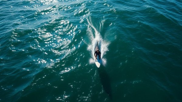 Great white shark near surfer in Australia, aerial ocean view.