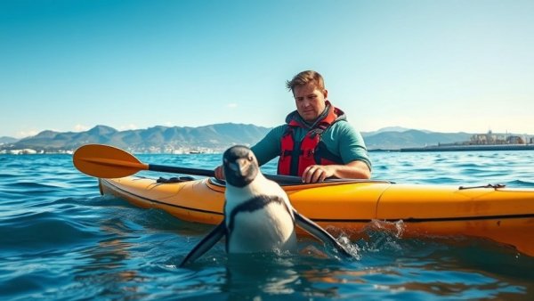 Kayaker rescues injured penguin near coastal city, mountains in background.