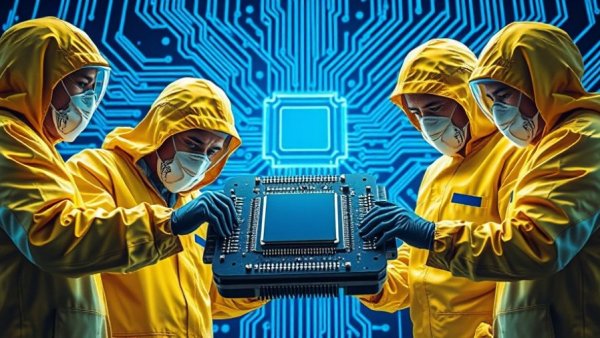 AI data center illustration with technicians and microchip, showcasing local resistance.