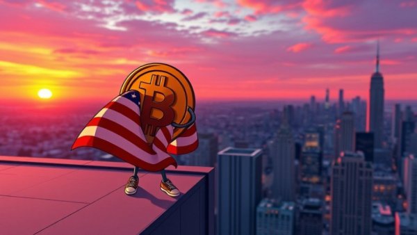 Cartoon Bitcoin overlooks cityscape, symbolizing Bitcoin acquisitions by public companies.