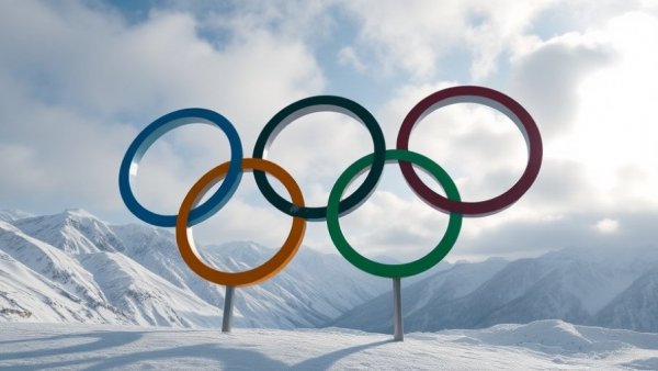 Snowy Olympic rings in winter setting highlighting climate change impact.