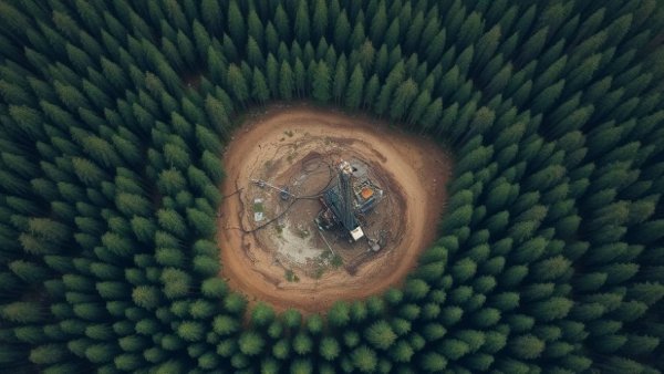 Aerial view of U.S. Forest Service land with oil drilling site.