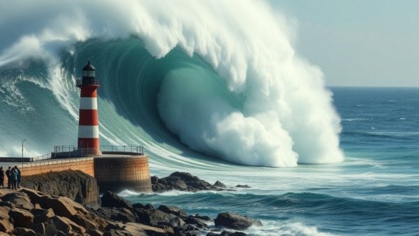 Dramatic ocean waves near lighthouse at Nazaré ocean experiment.