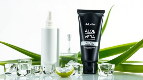 Aloe Vera health products in sleek design with aloe leaves and ice cubes.