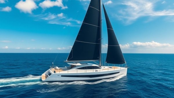 Modern yacht featuring innovative batman sail design on open sea.