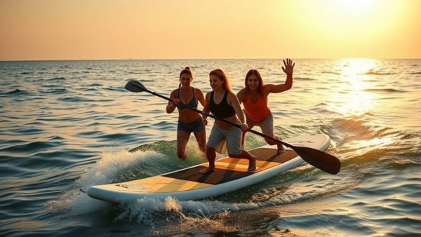 Paddleboard Safety Awareness: Duo paddleboarding at sunset on calm sea.