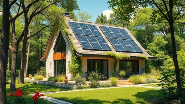 Eco-friendly house with solar panels and greenery representing sustainable homeownership trends.