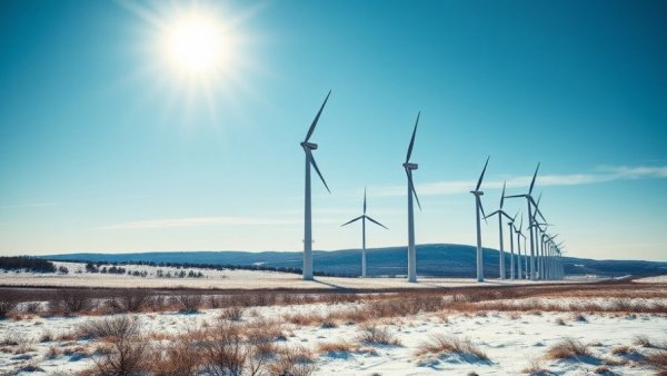 Maine wind power opportunities with tall turbines in snowy field.