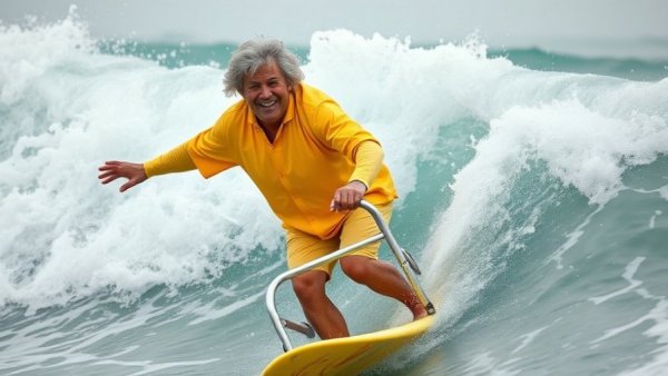 Playful scene of humorous surfing man with walker, life after surfing.