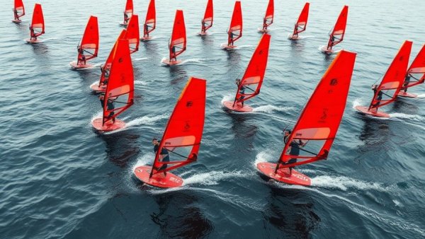 Vibrant windsurf boards racing in calm ocean waters.