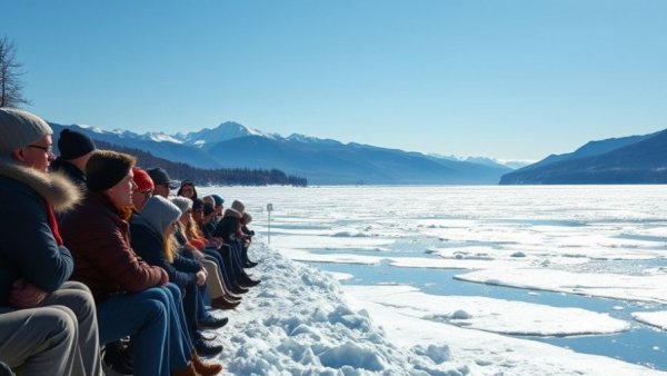 Tourists watch ice waves at Sayram Lake, China, under snowy mountains.