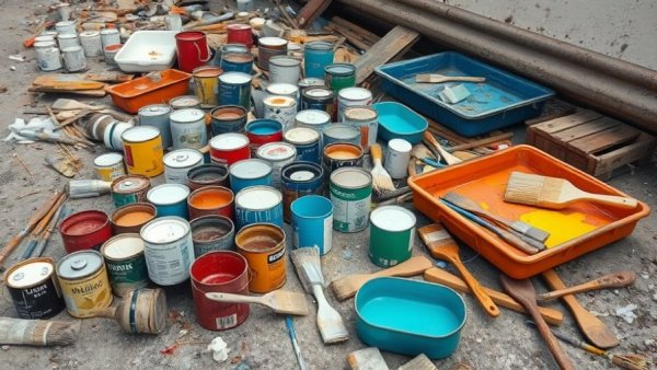 Household hazardous waste with used paint cans and brushes on the floor.