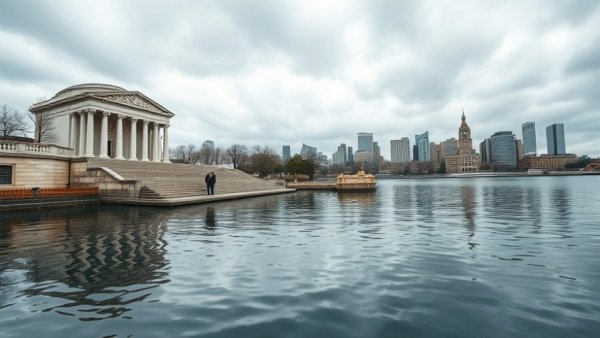 Pennsylvania historic site beside river adapting to climate change, urban backdrop.