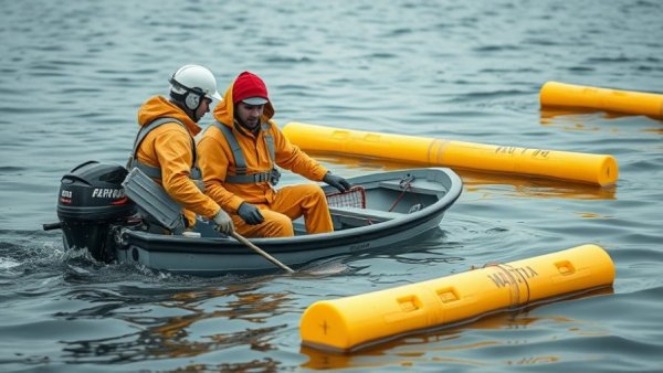 Workers in protective gear clean oil spill, floating barriers in calm water.