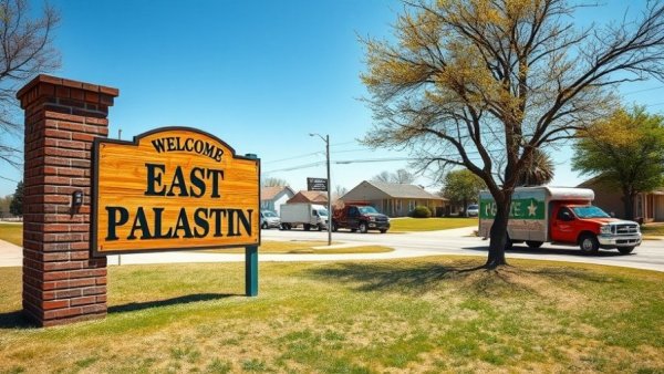 Large East Palestine sign, trucks nearby under clear sky.