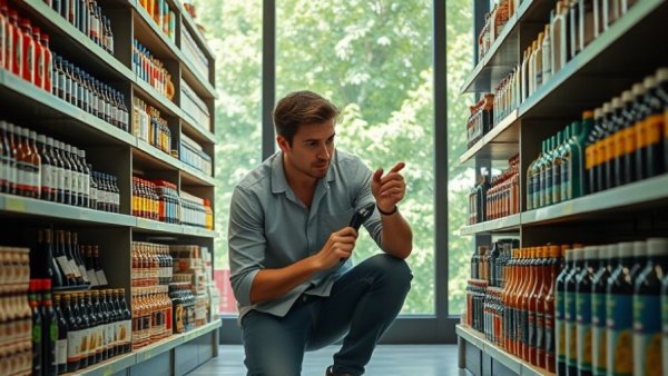 Man examining plastic bottles in store, reflecting on environmental footprint of plastic packaging.