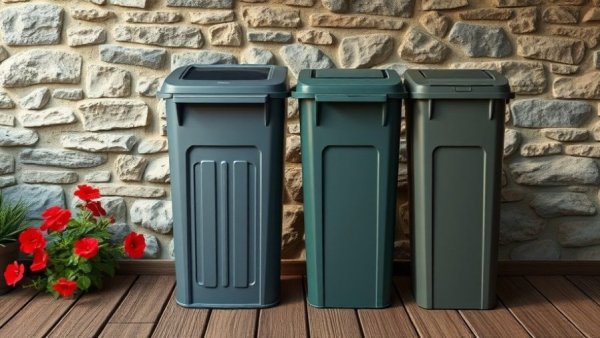 Plastics Recycling Tips for Parties: Blue recycling and gray waste bins on deck.