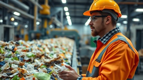 Industrial worker observing plastic waste recycling process.