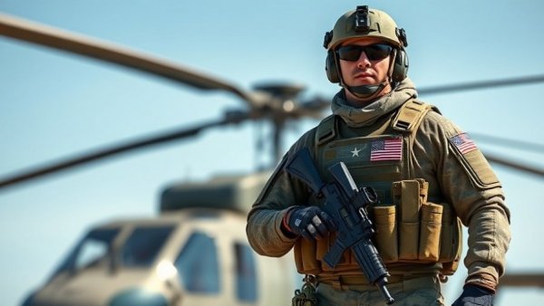 Modern U.S. soldier and helicopter with advanced tactical gear.