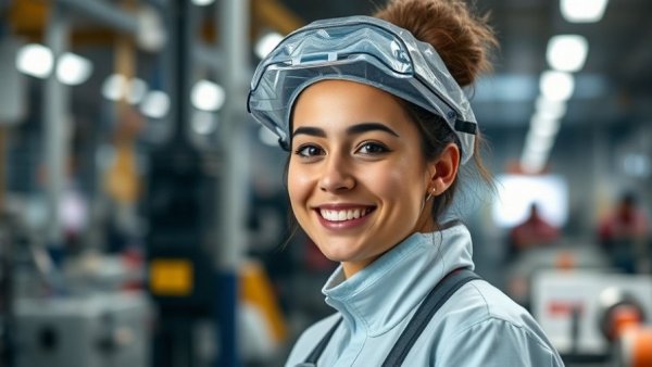 Smiling worker in American plastic manufacturing.