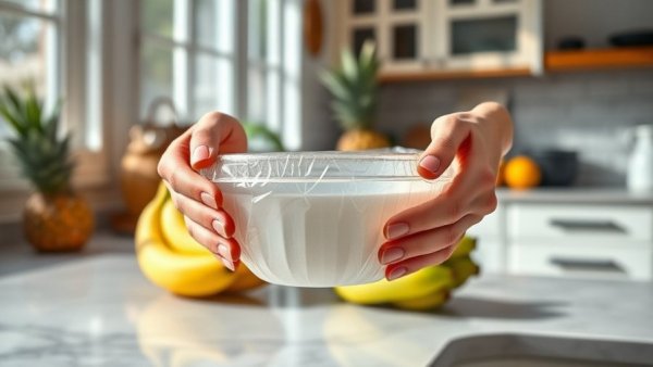 Hands in kitchen holding wrapped bowl, symbolizing modernizing plastic recycling laws.