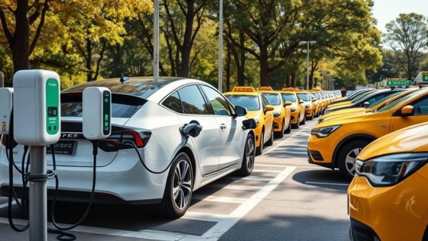 Electric vehicles charging at a park station, showcasing infrastructure.
