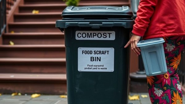 New York City composting bin near brownstone steps, promoting waste recycling.