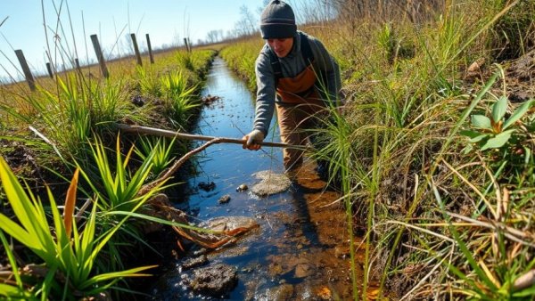 Person examines polluted waterway at North Carolina hog farm, highlighting environmental issues.