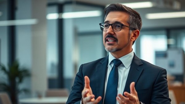 Confident individual discusses plastic pyrolysis process in office setting.