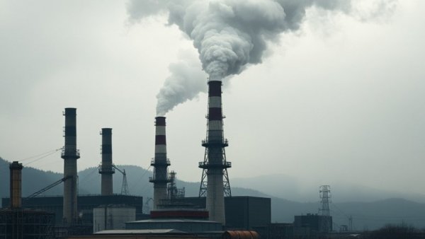 Industrial factory with smoke and flares in foggy mountains.