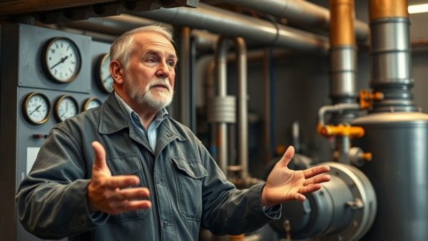 Technician explaining geothermal heating system in an industrial setting.