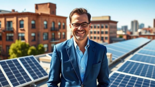 Smiling man in blue suit on rooftop with solar panels, sunny day.