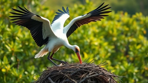Wood stork building nest, protections for South Florida species.