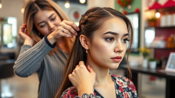 Woman receiving hair extensions in salon, harmful chemicals concern.