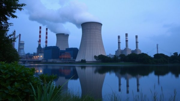 Cooling tower with steam at dusk reflecting in water, surrounded by greenery.