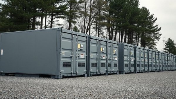 Industrial battery storage units outdoors, reinforcing infrastructure.