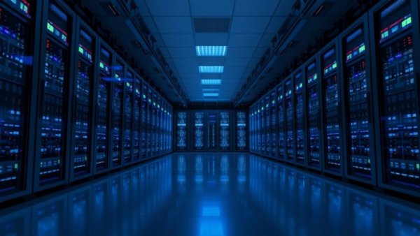 Modern data center showcasing energy efficiency with sleek server racks.