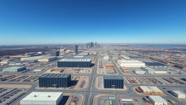 Aerial view of data center boom in urban landscape.