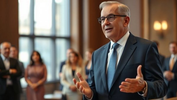 Confident individual in a suit discussing Maryland climate goals indoors.
