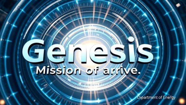 Futuristic design for DOE Genesis Mission announcement with radiant blue glow.