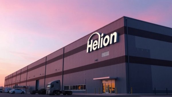 Helion Fusion Energy Advances: Helion logo on sleek industrial building at sunset.