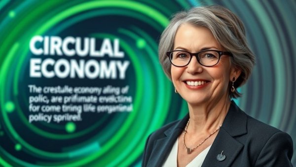 Professional woman in front of circular economy policy guide text.