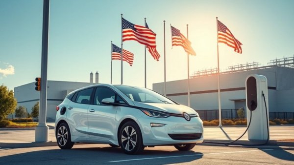 Modern electric vehicle charging under American flags.