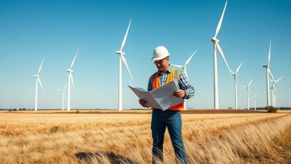 Engineers reviewing plans near wind turbines in a recycling program field.