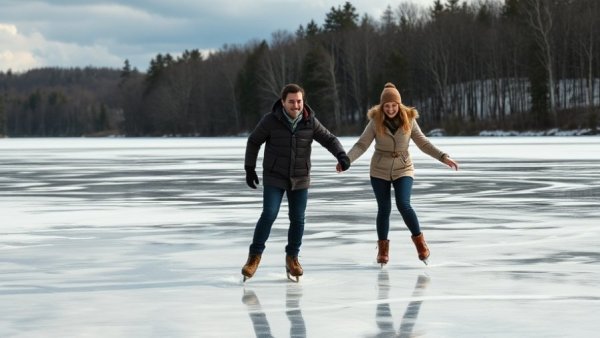 Adventurous skaters on Maine lake during shorter ice season.
