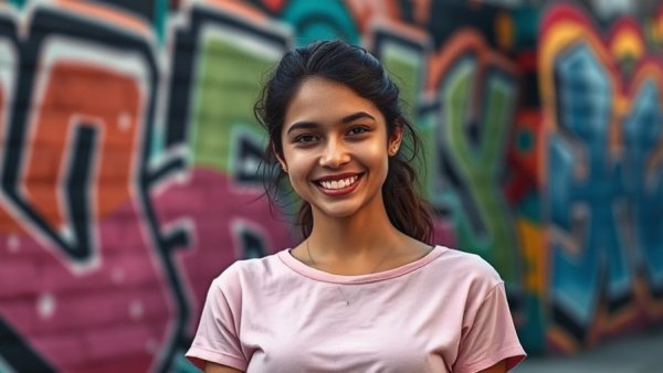 Young woman smiling against vibrant mural, New York City's climate initiatives